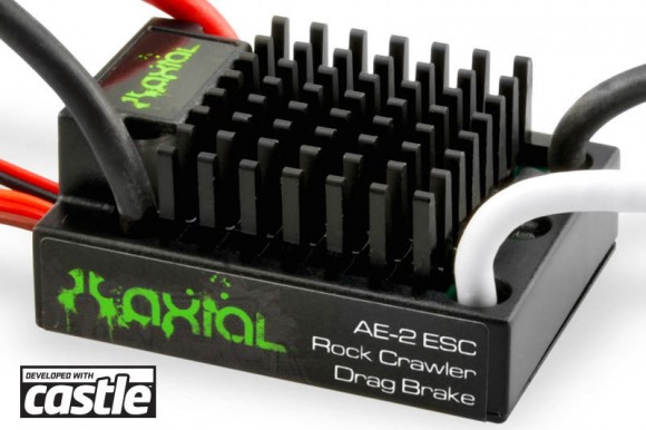 ESC WITH DRAG BRAKE The Axial AE-2 ESC was developed in partnership with Castle Creations and features LiPo cutoff, drag brake for tough crawling situations, a Tamiya style plug connector and is programmable via Castle Link™ (Castle Link™ not included).