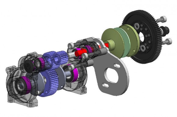 TRANSMISSION The transmission was designed to place the weight of the motor as low as possible to maintain a low CG (Center of Gravity). The ultra compact transmission doesn't compromise performance because it also allows for a wide range of gearing choices. The overall ratio can be adjusted from 15:1 all the way up to 74:1 using different pinion/spur gear choices which allow for super high speed or to competition level crawling speed.