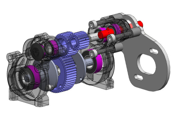 TRANSMISSION The transmission was designed to place the weight of the motor as low as possible to maintain a low CG (Center of Gravity). The ultra compact transmission doesn't compromise performance because it also allows for a wide range of gearing choices. The overall ratio can be adjusted from 15:1 all the way up to 74:1 using different pinion/spur gear choices which allow for super high speed or to competition level crawling speed.