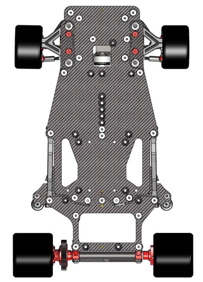 Shown in yellow for illustration purposes, CRC cars feature center balancing holes not just in the front and rear, but also in the front and rear of BOTH the chassis and the bottom plate. This allows the user to first balance the rear pod/motor/axle section and then the overall chassis. The 2 mounting holes on the back of the rear pod are for CRC's super trick rear diffuser.