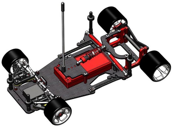 Here is a CAD rendering of the inline battery position on the Xti-WC. Notice the space in front of the pack for a speedo and on top of the pack for a receiver. With that electronics placement, all the weight is right down the center of the car making the car transition extremely quick. This configuration was used to win the stock class at the IIC in Vegas. 