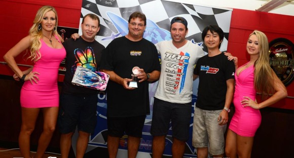The winning team from the 2014 World's left to right; Jessica Barton, motivation, (hot trophy girl), Thomas Pumpler, mechanic, Frank Calandra, CRC chassis + tires, Marc Rheinard, driver extraordinar, Jihyun Jang, Muchmore power and Jessica's hot friend, (more motivation).